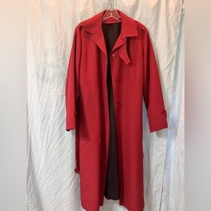 London Fog long belted trench coat in a deep ruby red.